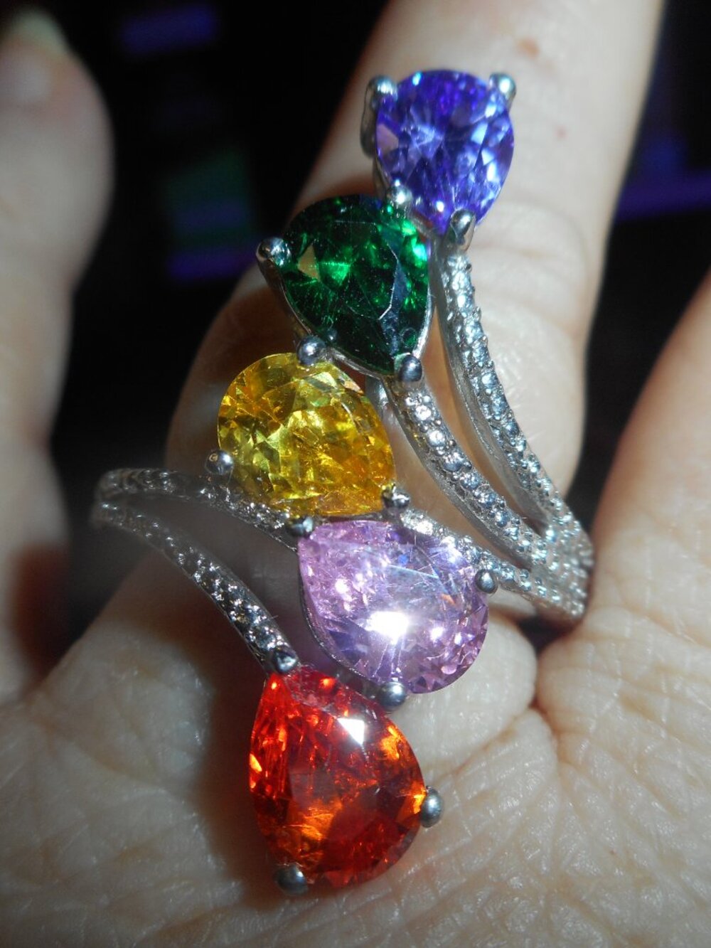 beautiful, colorful -  SIZE 9, stones are purple, green, yellow,+ band is silver